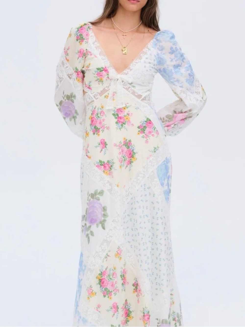 NWT - For Love & Lemons White Maxi Dress with Pastel Floral Patchwork - Picture 4 of 6